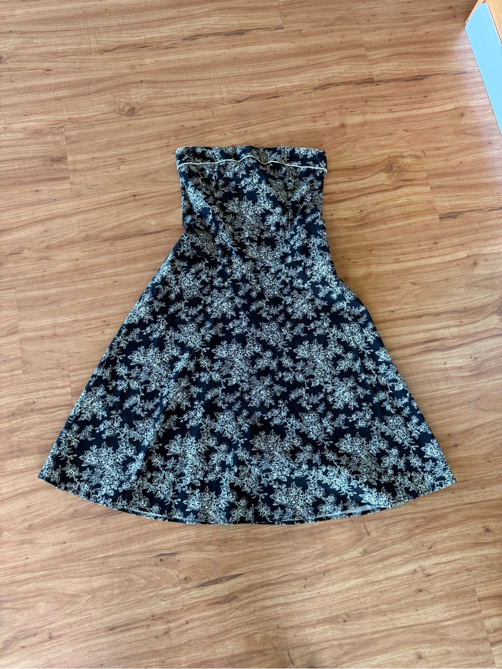 Teeze Me Strapless Black Dress with Ivory Floral Pattern